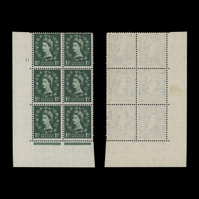 Great Britain 1952 (MLH) 1½d Green cylinder 11 block, E/I, Tudor crown