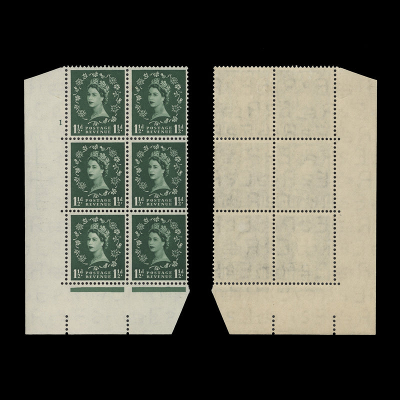 Great Britain 1952 (MLH) 1½d Green cylinder 1 block, E/I, Tudor crown