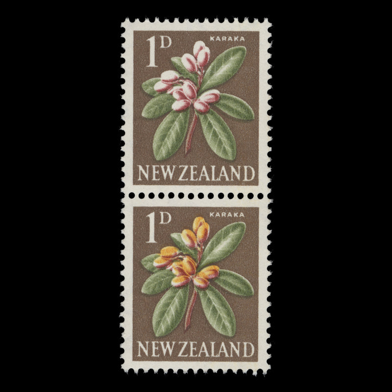 New Zealand 1960 (Variety) 1d Karaka pair missing orange from one stamp