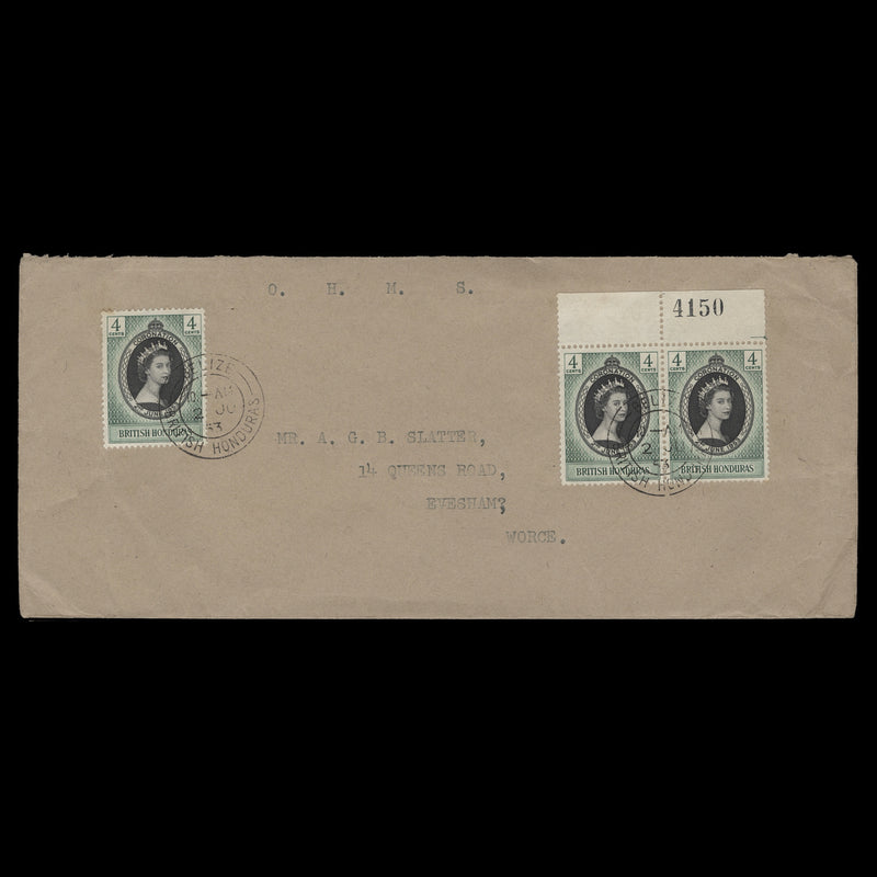 British Honduras 1953 (FDC) 4c Coronation pair and single, BELIZE