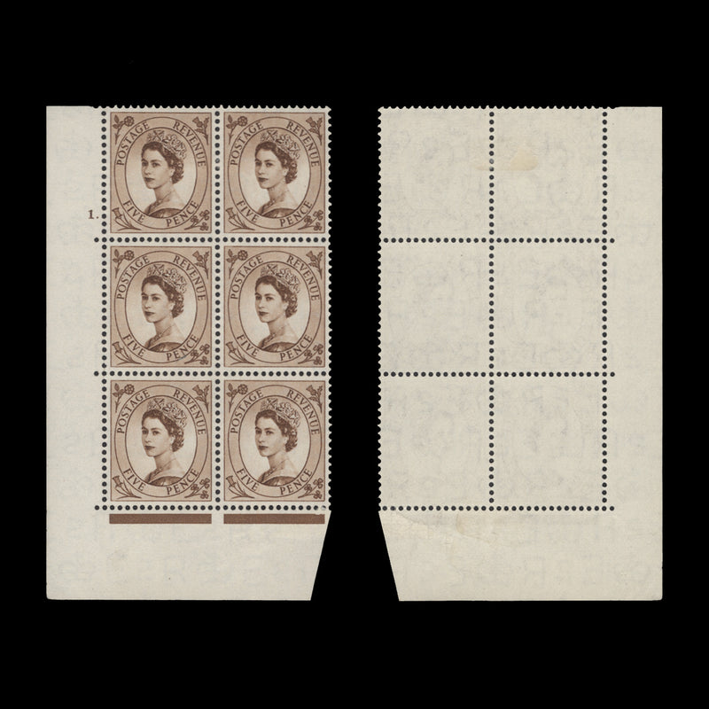 Great Britain 1955 (MLH) 5d Brown cylinder 1. block, E/I, St Edward's