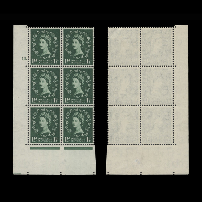 Great Britain 1955 (MNH) 1½d Green cylinder 13. block, E/I, St Edward's