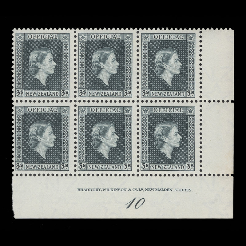 New Zealand 1963 (MNH) 3s Official imprint/plate 10 block, white paper