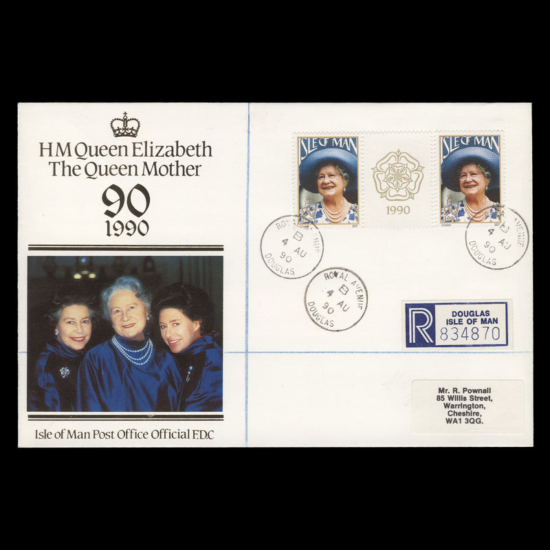 Isle of Man 1990 (FDC) 90p Queen Mother's Birthday, ROYAL AVENUE