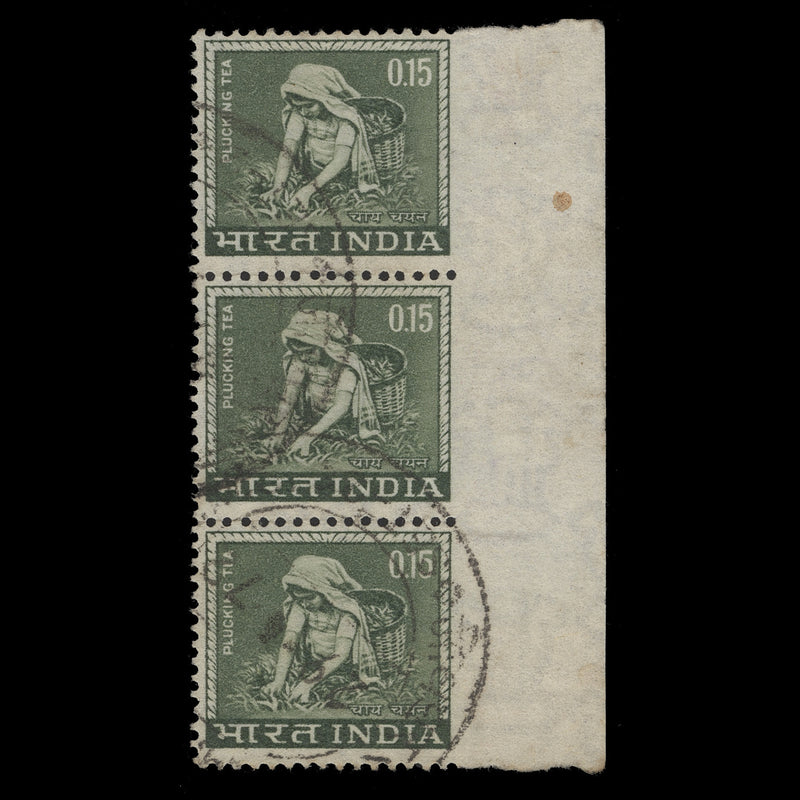 India 1965 (Variety) 15p Plucking Tea strip imperf to right margin