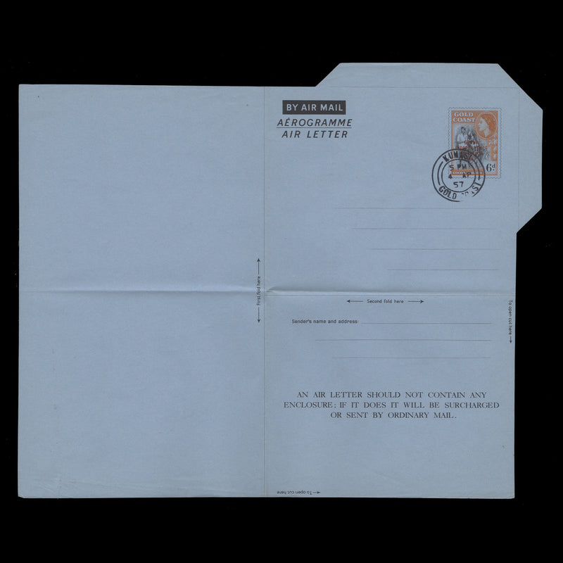 Ghana 1957 (Used) 6d Independence aerogramme, 'I' watermark, KUMASI