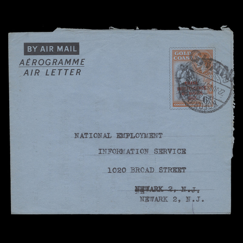 Ghana 1957 (Used) 6d Independence aerogramme, sans-serif 'GHANA' obliterator