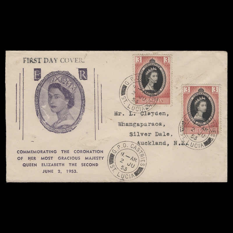 Saint Lucia 1953 (FDC) 3c Coronation singles, CASTRIES