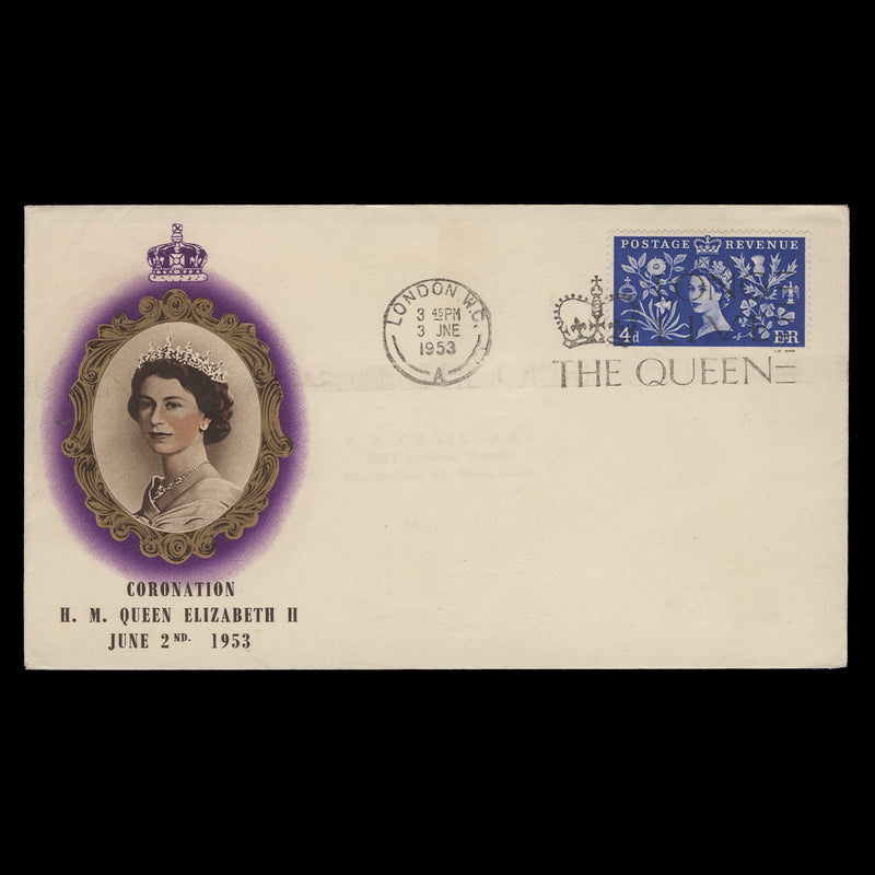 Great Britain 1953 (FDC) 4d Coronation, LONDON WC