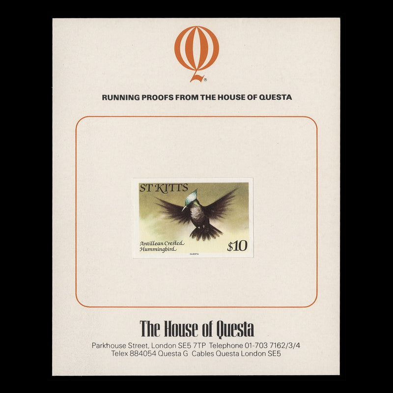 Saint Kitts 1981 (Proof) $10 Crested Hummingbird imperf single on presentation card