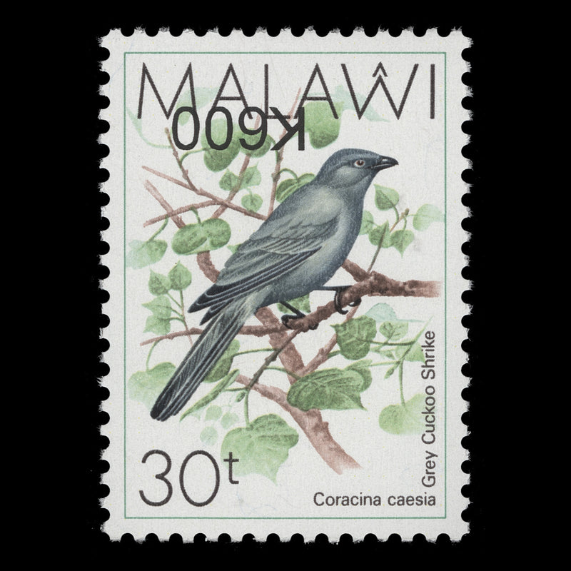 Malawi 2017 (Variety) K600/30t Grey Cuckoo Shrike with inverted surcharge