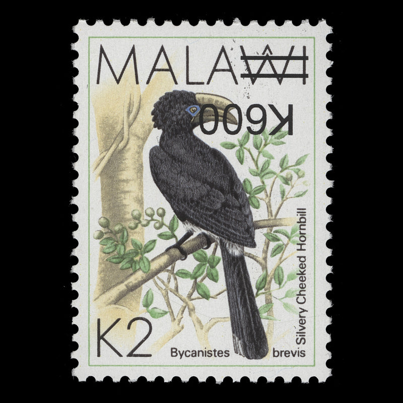 Malawi 2017 (Variety) K600/K2 Hornbill with inverted surcharge