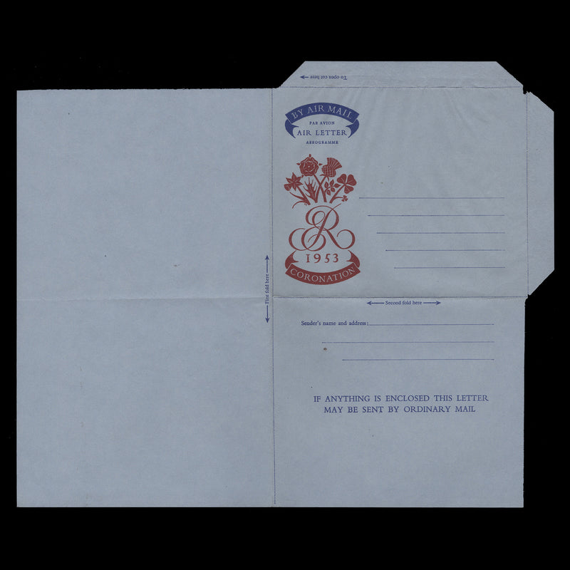 Great Britain 1953 Coronation air letter missing simulated stamp, straight edges