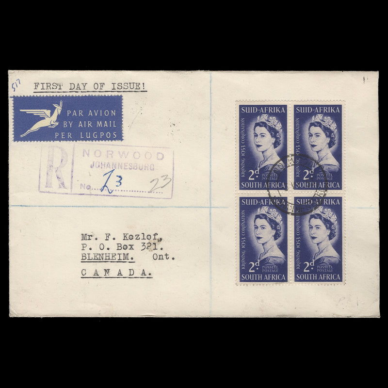 South Africa 1953 (FDC) 2d Coronation block, NORWOOD