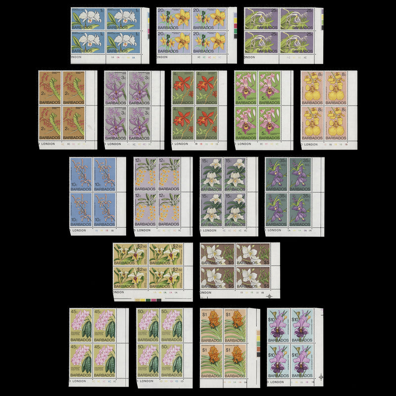 Barbados 1974-77 (MNH) Orchids definitives plate blocks