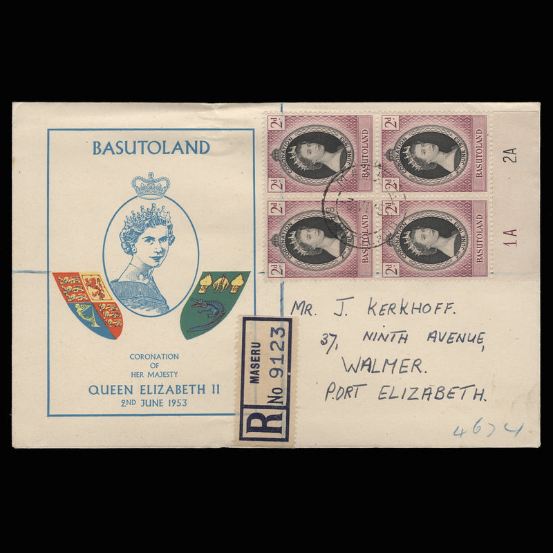 Basutoland 1953 (FDC) 2d Coronation plate 1A–2A block, MASERU
