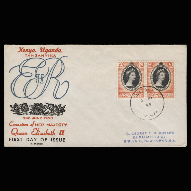 Kenya Uganda Tanganyika 1953 (FDC) 20c Coronation pair, NAIROBI