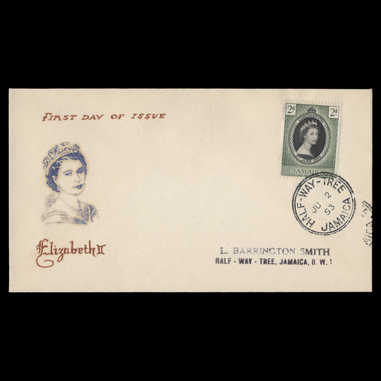 Jamaica 1953 (FDC) 2d Coronation, HALF-WAY-TREE