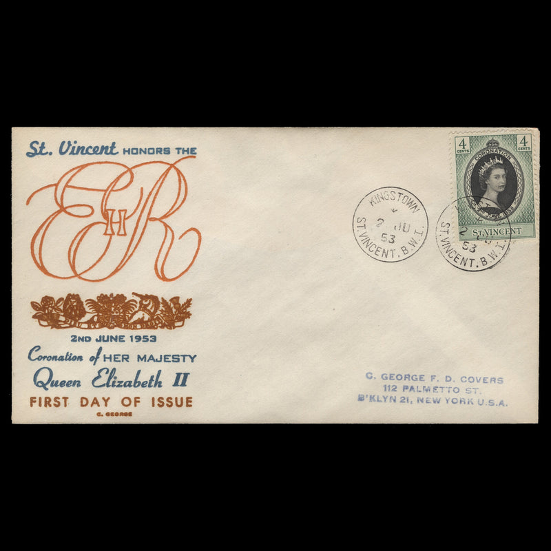 Saint Vincent 1953 (FDC) 4c Coronation, KINGSTOWN