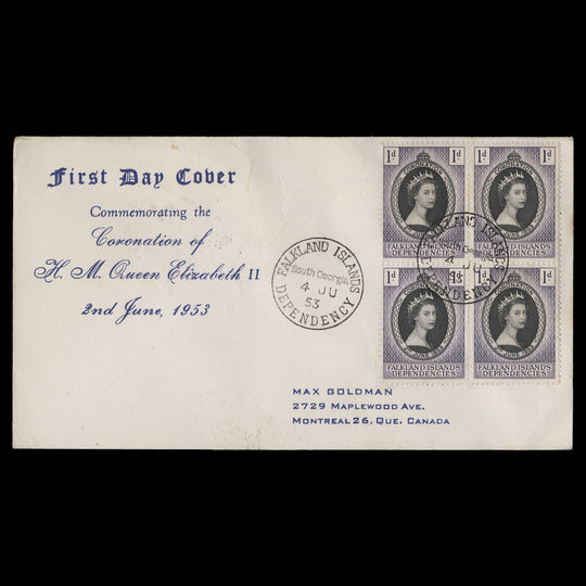 Falkland Islands Dependencies 1953 (FDC) 1d Coronation block, South Georgia