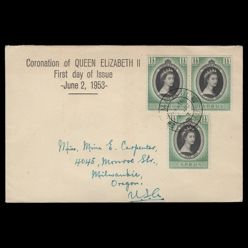 Cyprus 1953 (FDC) 1½p Coronation pair and single, LIMASSOL