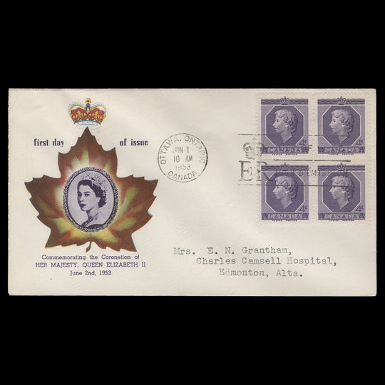 Canada 1953 (FDC) 4c Coronation block, OTTAWA