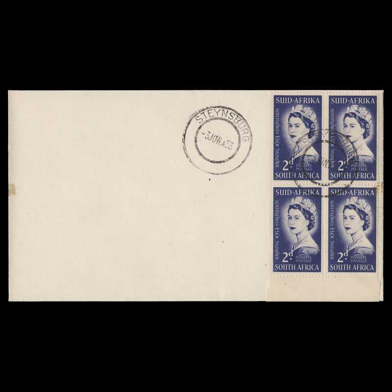 South Africa 1953 (FDC) 2d Coronation block, STEYNSBURG