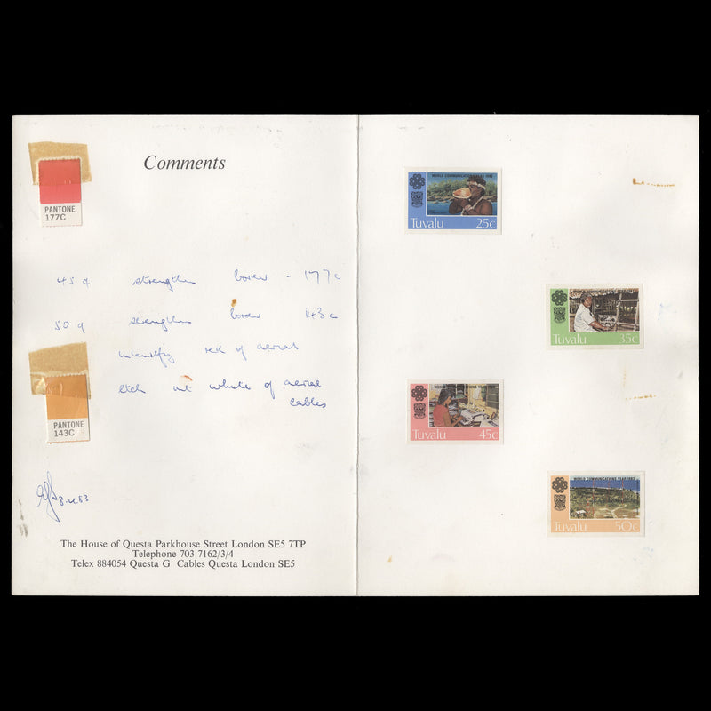 Tuvalu 1983 World Communications Year imperf proofs in presentation folder