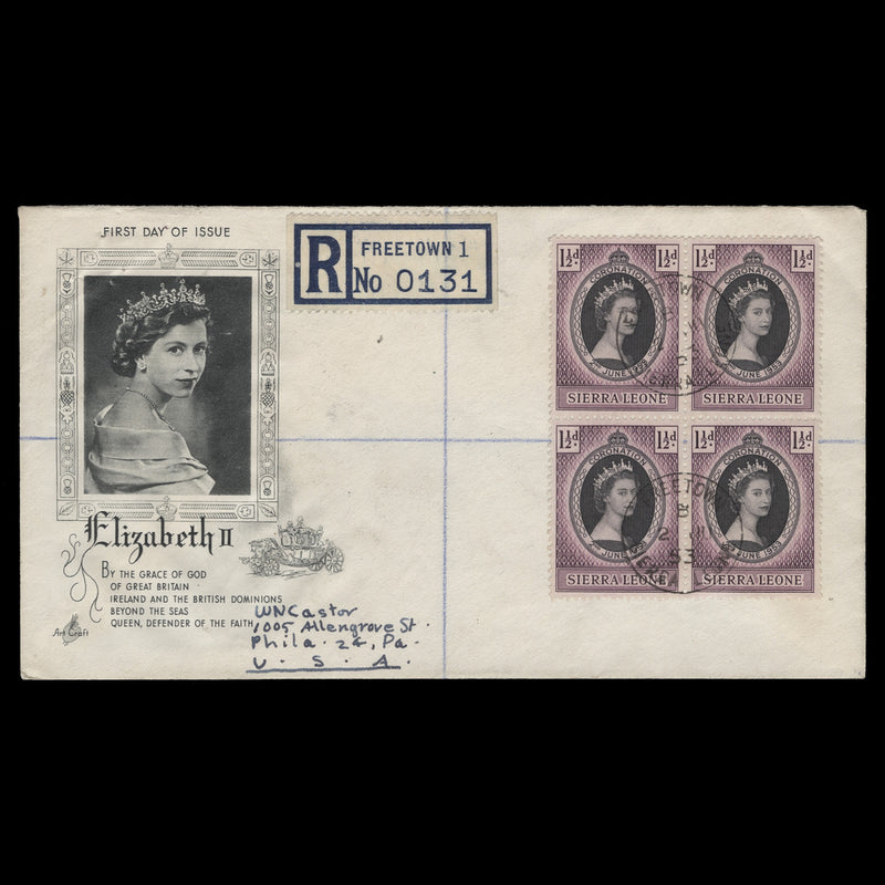 Sierra Leone 1953 (FDC) 1½d Coronation block, FREETOWN