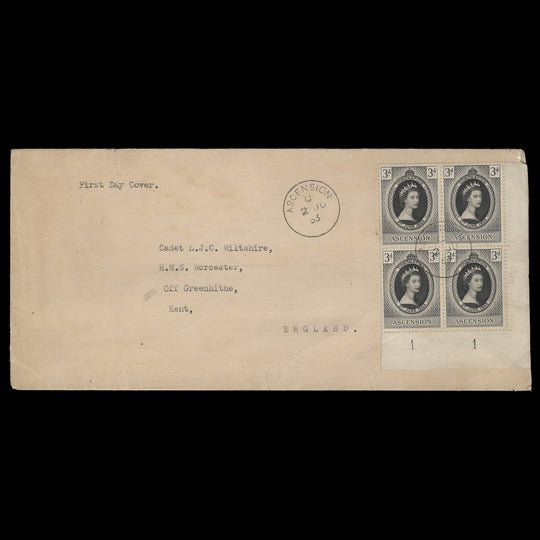 Ascension 1953 (FDC) 3d Coronation plate 1–1 block