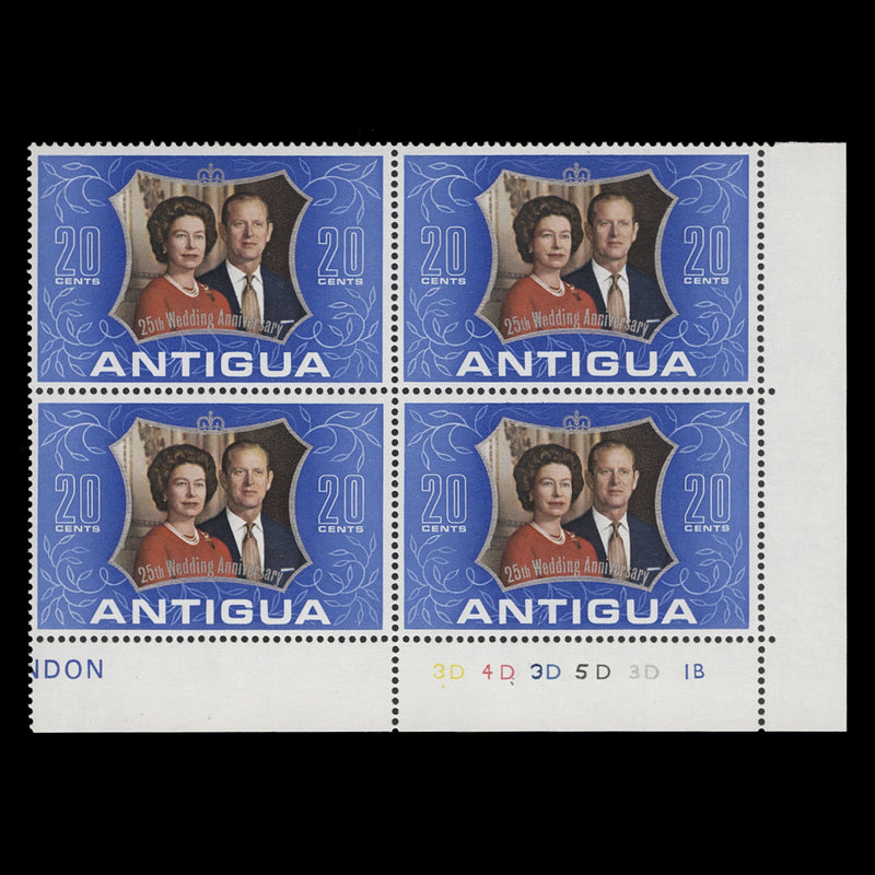 Antigua 1972 (MNH) 20c Royal Silver Wedding plate 3D–4D–3D–5D–3D–1B block