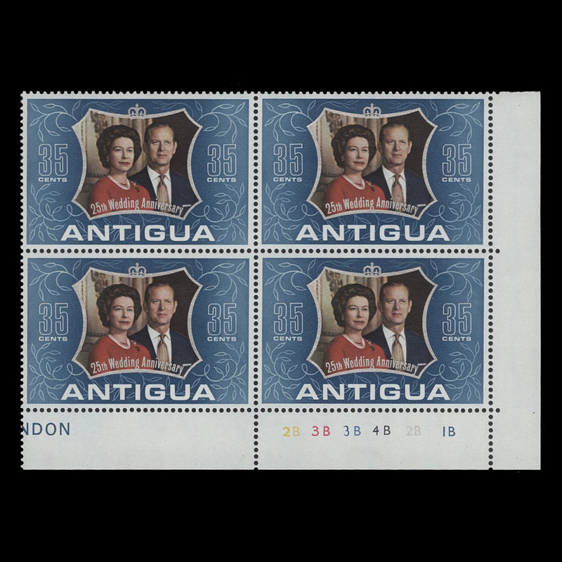 Antigua 1972 (MNH) 35c Royal Silver Wedding plate 2B–3B–3B–4B–2B–1B block