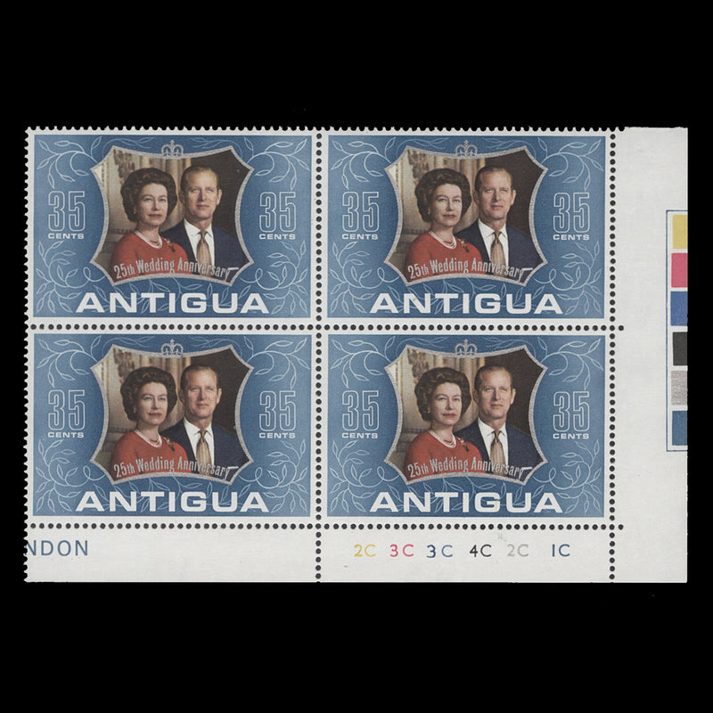 Antigua 1972 (MNH) 35c Royal Silver Wedding plate 2C–3C–3C–4C–2C–1C block
