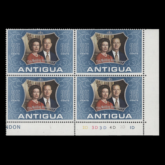 Antigua 1972 (MNH) 35c Royal Silver Wedding plate 2D–3D–3D–4D–2D–1D block