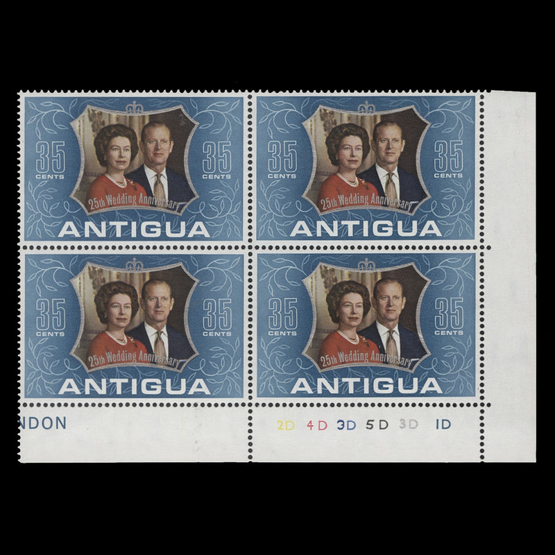 Antigua 1972 (MNH) 35c Royal Silver Wedding plate 2D–4D–3D–5D–3D–1D block