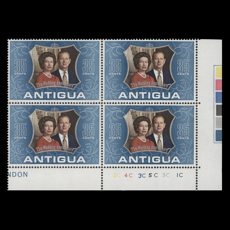 Antigua 1972 (MNH) 35c Royal Silver Wedding plate 2C–4C–3C–5C–3C–1C block