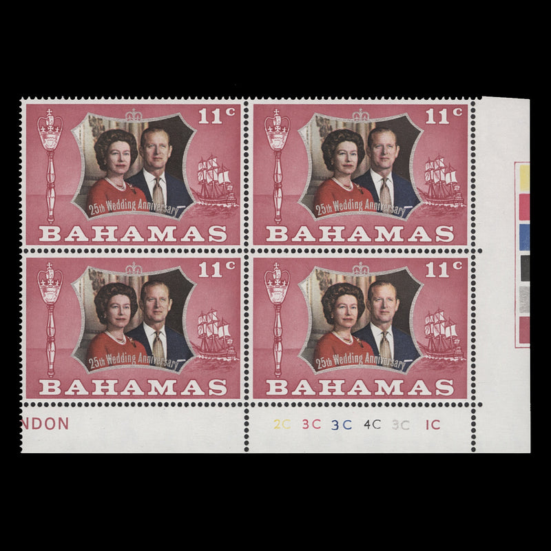 Bahamas 1972 (MNH) 11c Royal Silver Wedding plate 2C–3C–3C–4C–3C–1C block