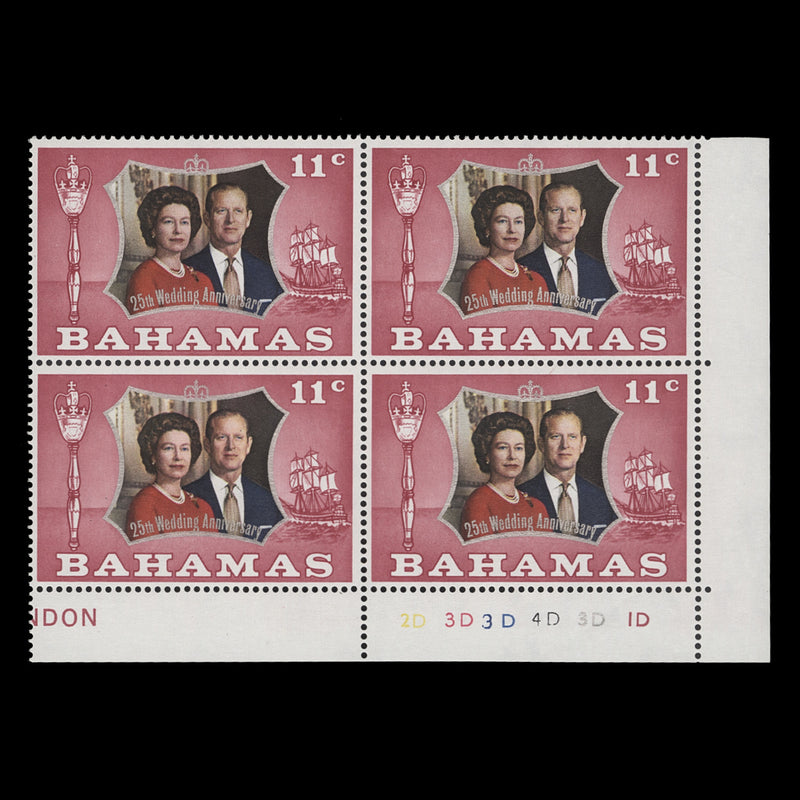 Bahamas 1972 (MNH) 11c Royal Silver Wedding plate 2D–3D–3D–4D–3D–1D block