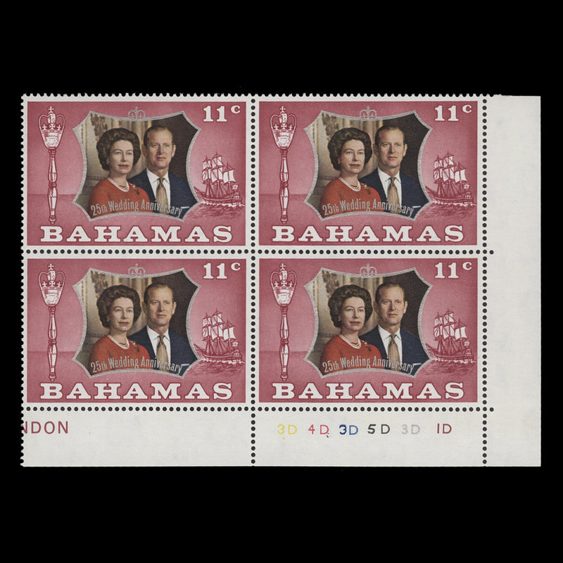 Bahamas 1972 (MNH) 11c Royal Silver Wedding plate 3D–4D–3D–5D–3D–1D block