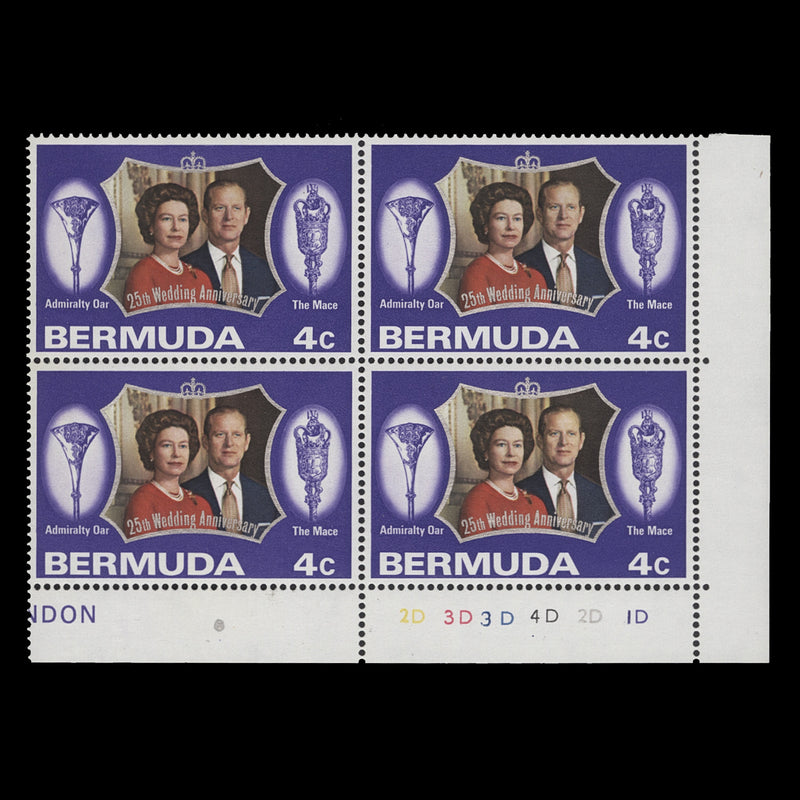 Bermuda 1972 (MNH) 4c Royal Silver Wedding plate 2D–3D–3D–4D–2D–1D block