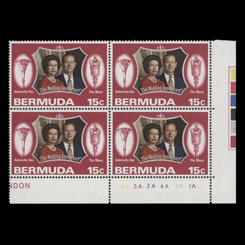 Bermuda 1972 (MNH) 15c Royal Silver Wedding plate 2A–3A–3A–4A–2A–1A block