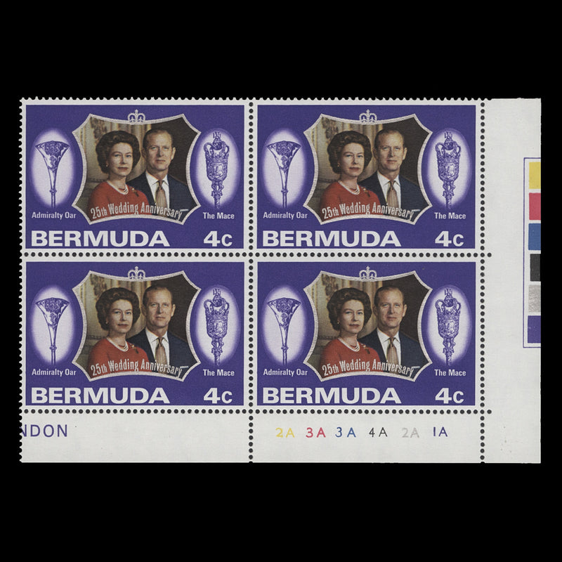 Bermuda 1972 (MNH) 4c Royal Silver Wedding plate 2A–3A–3A–4A–2A–1A block