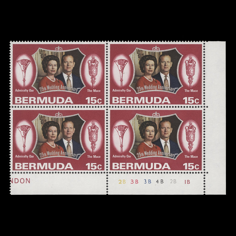 Bermuda 1972 (MNH) 15c Royal Silver Wedding plate 2B–3B–3B–4B–2B–1B block