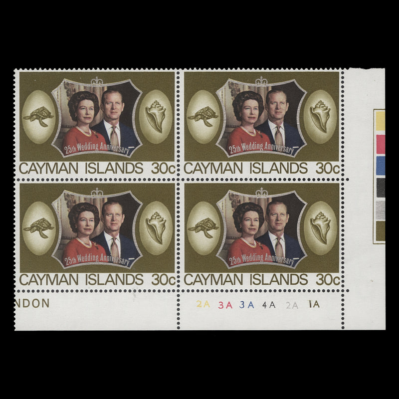 Cayman Islands 1972 (MNH) 30c Royal Silver Wedding plate 2A–3A–3A–4A–2A–1A block