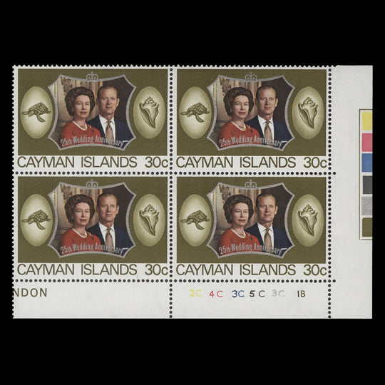 Cayman Islands 1972 (MNH) 30c Royal Silver Wedding plate 2C–4C–3C–5C–3C–1B block