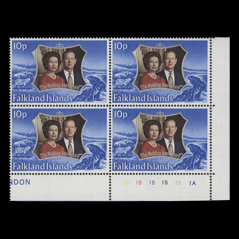 Falkland Islands 1972 (MNH) 10p Royal Silver Wedding plate 1B–1B–1B–1B–1B–1A block