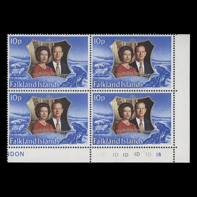 Falkland Islands 1972 (MNH) 10p Royal Silver Wedding plate 1D–1D–1D–1D–1D–1B block