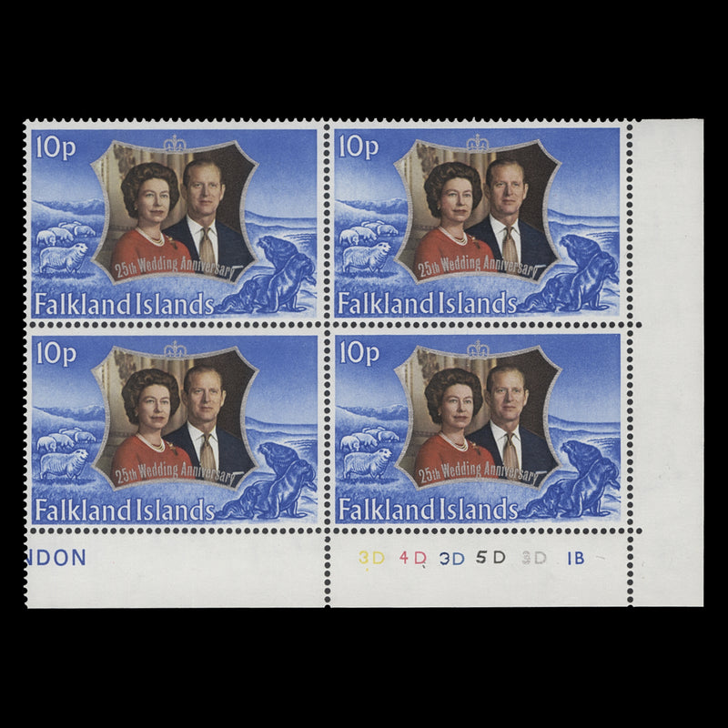 Falkland Islands 1972 (MNH) 10p Royal Silver Wedding plate 3D–4D–3D–5D–3D–1B block