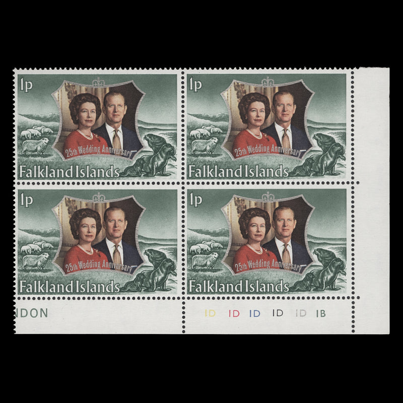 Falkland Islands 1972 (MNH) 1p Royal Silver Wedding plate 1D–1D–1D–1D–1D–1B block