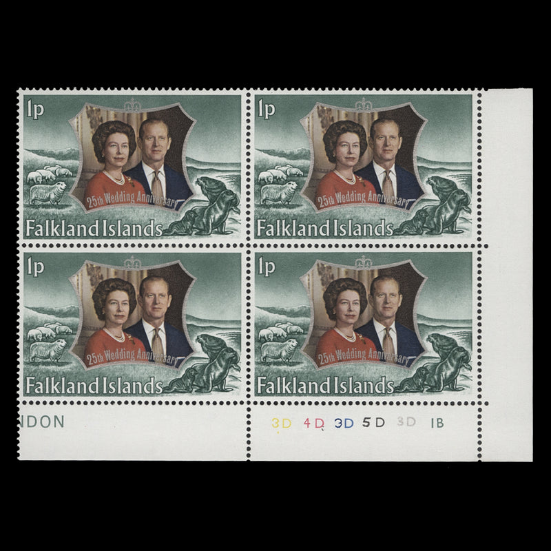 Falkland Islands 1972 (MNH) 1p Royal Silver Wedding plate 3D–4D–3D–5D–3D–1B block